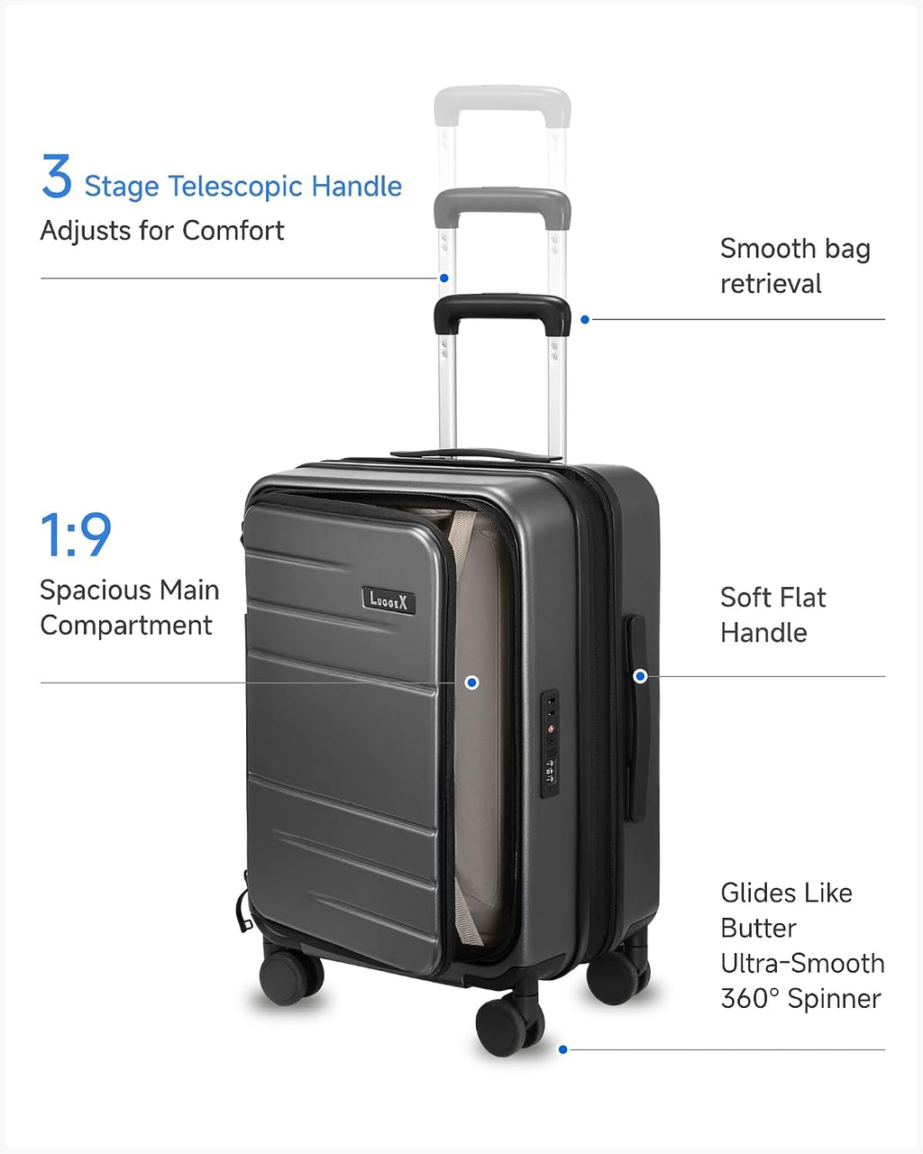 LUGGEX Carry On Luggage Top Opening, Expandable Polycarbonate Hard Shell Suitcase with Wheels (FX-Core, Charcoal Metallic, 20 Inch, 36L-41L)