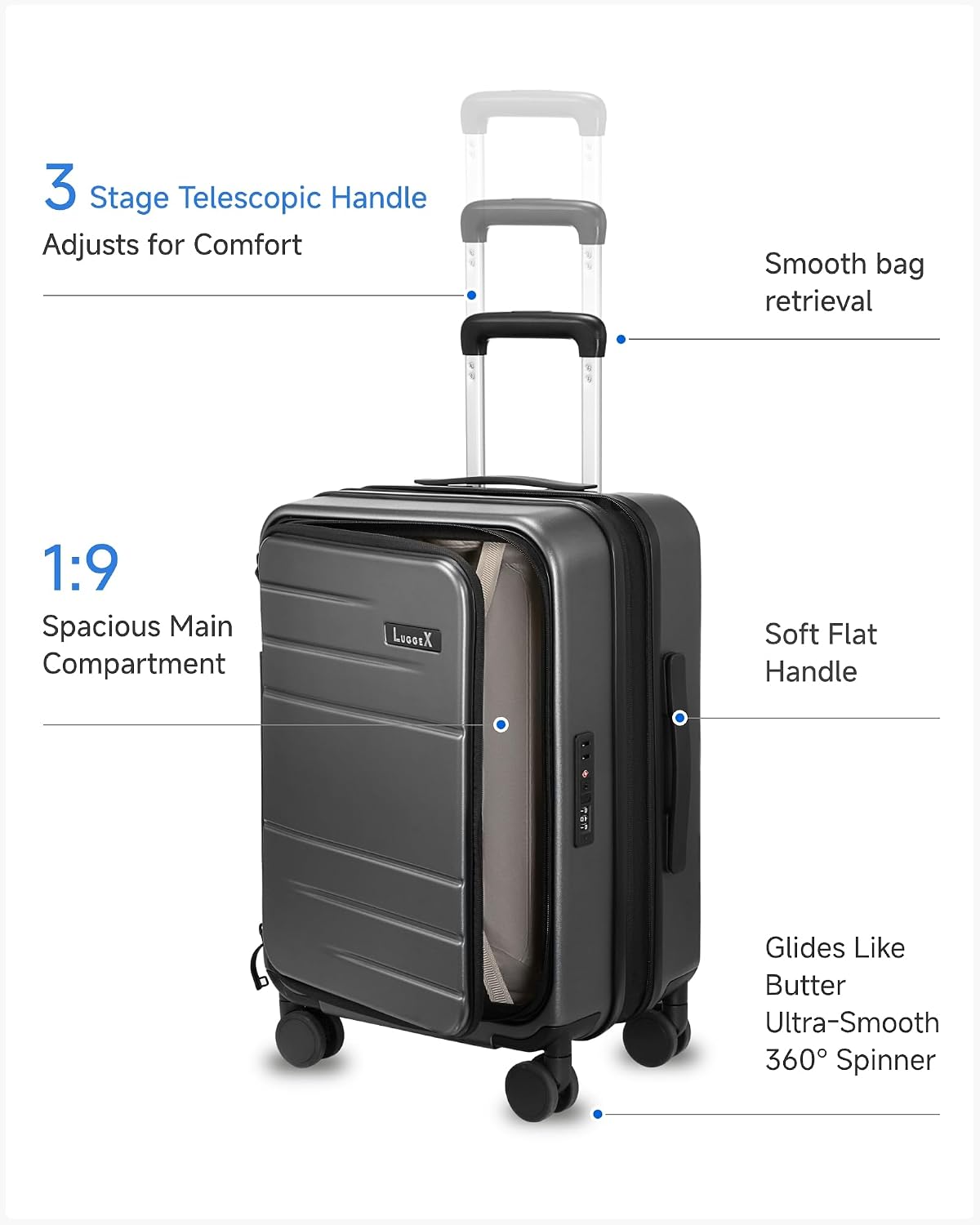 LUGGEX Carry On Luggage Top Opening, Expandable Polycarbonate Hard Shell Suitcase with Wheels (FX-Core, Charcoal Metallic, 20 Inch, 36L-41L)