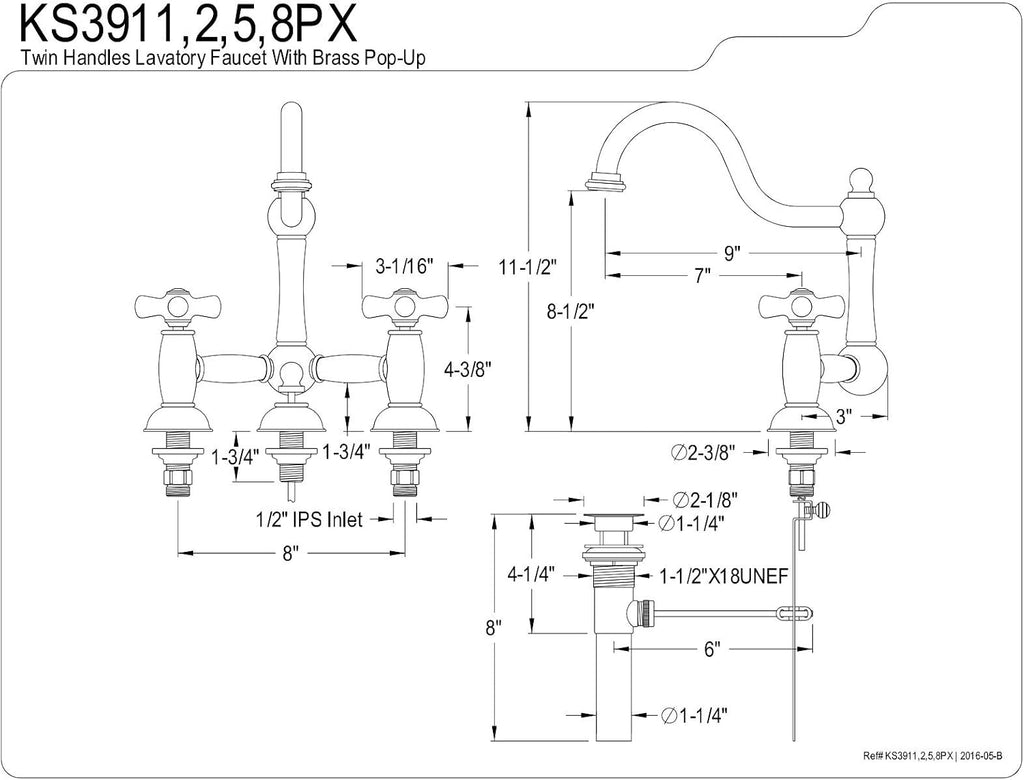 Kingston Brass KS3918PX Restoration Bathroom Bridge Faucet, Brushed Nickel