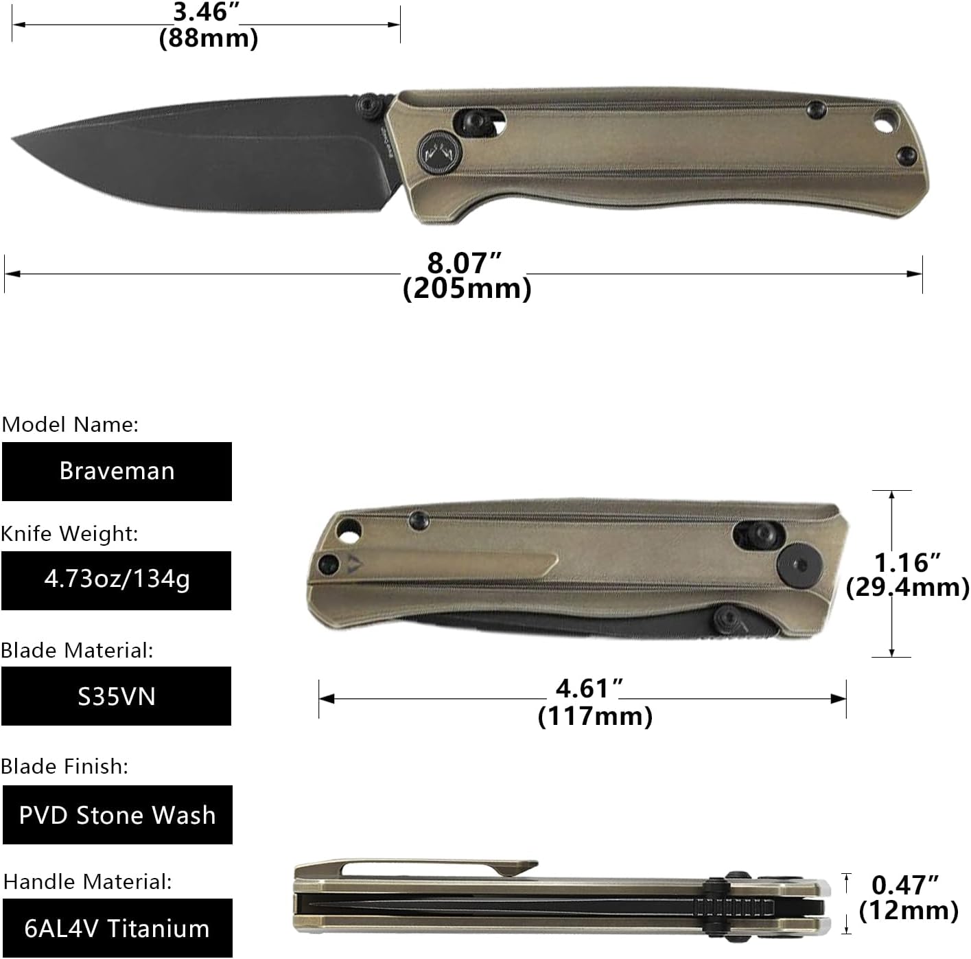 CMBMADEKNIVES CMB Braveman EDC Knife Folding Pocket knife with Clip for Men and Women Crossbar Lock Knife with S35VN Steel Blade Titanium Handle for Outdoors Camping Hiking-CMB-17 (CMB-17C)