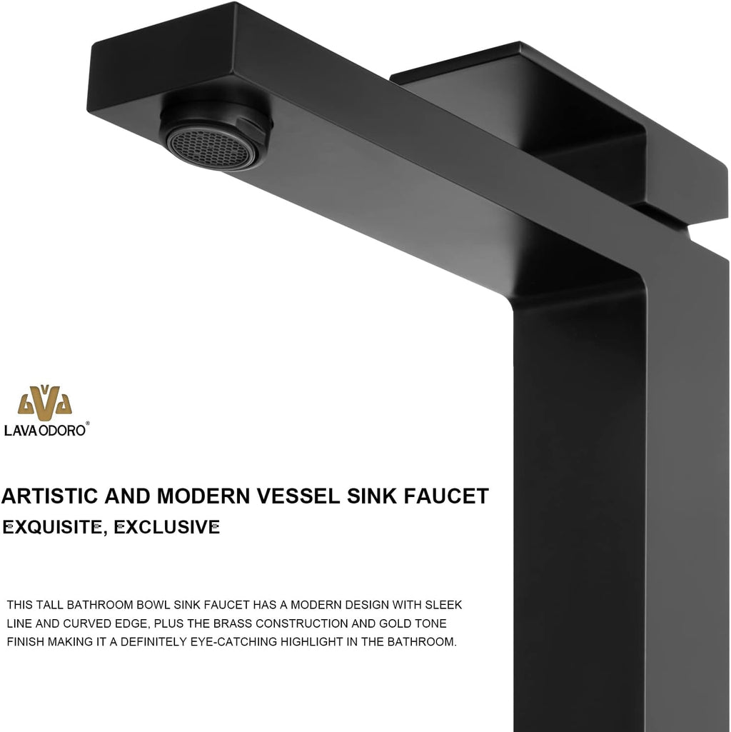 Lava Odoro Matte Black Vessel Sink Faucet, Tall Single Handle Bathroom Faucet Single Hole Bowl Sink Faucet Lavatory Vanity Faucet with Pop up Drain Assembly, BF307-MB-T