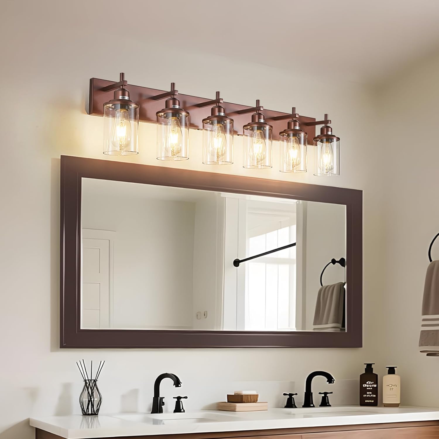 Lanhall 6-Light Bronze Bathroom Light Fixtures Over Mirror,Modern Bathroom Vanity Light with Clear Glass Shade, Wall Sconce for Bathroom Hallway Cabinet Bedroom Kitchen Living Room Foyer E26 Base
