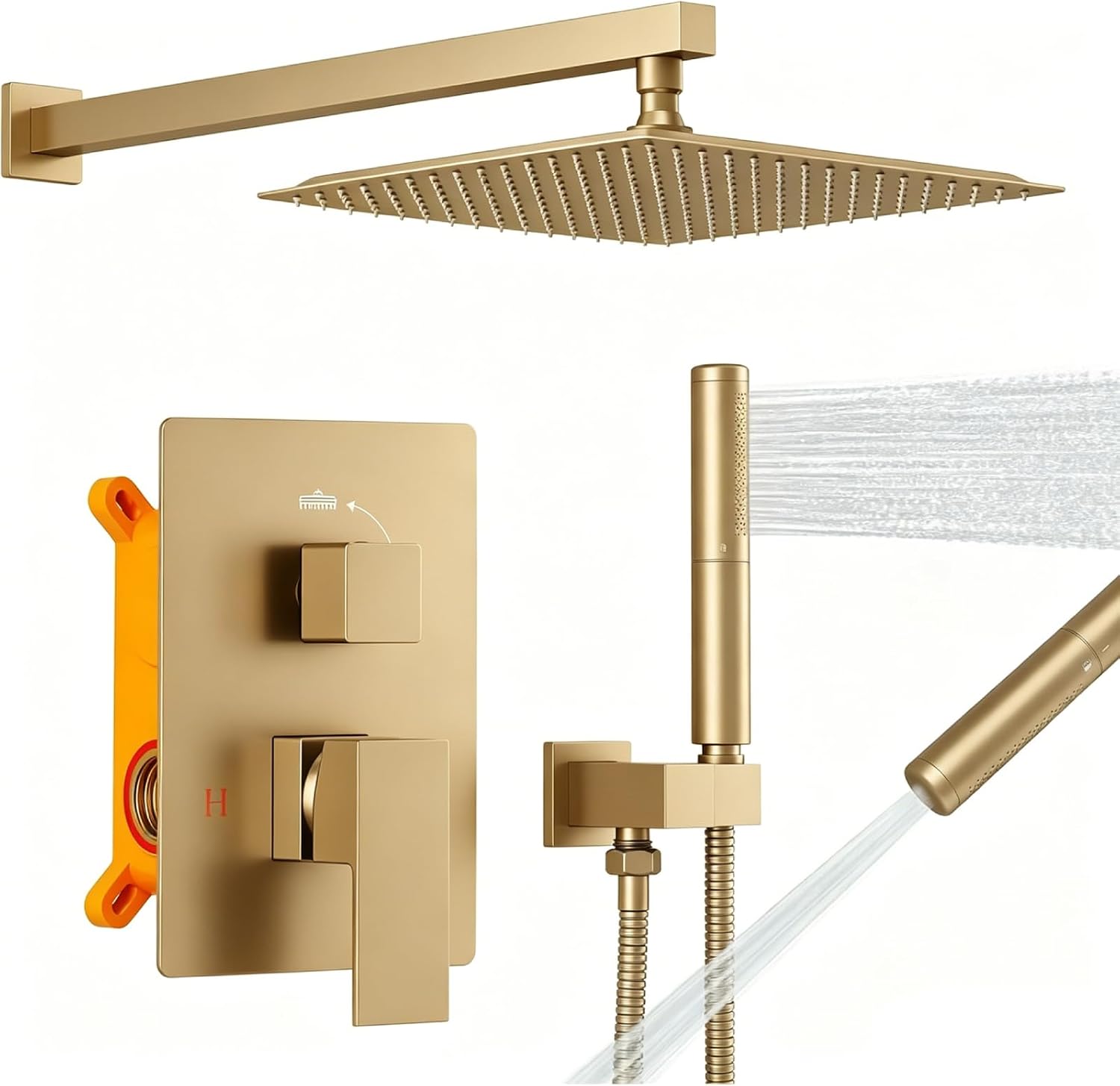 BESy Bathroom Shower System Rain Shower Head Shower Faucet Fixture | 12 Inch Rainfall Shower Head and Handle Set Wall Mounted Shower Mixer Valve Brushed Gold