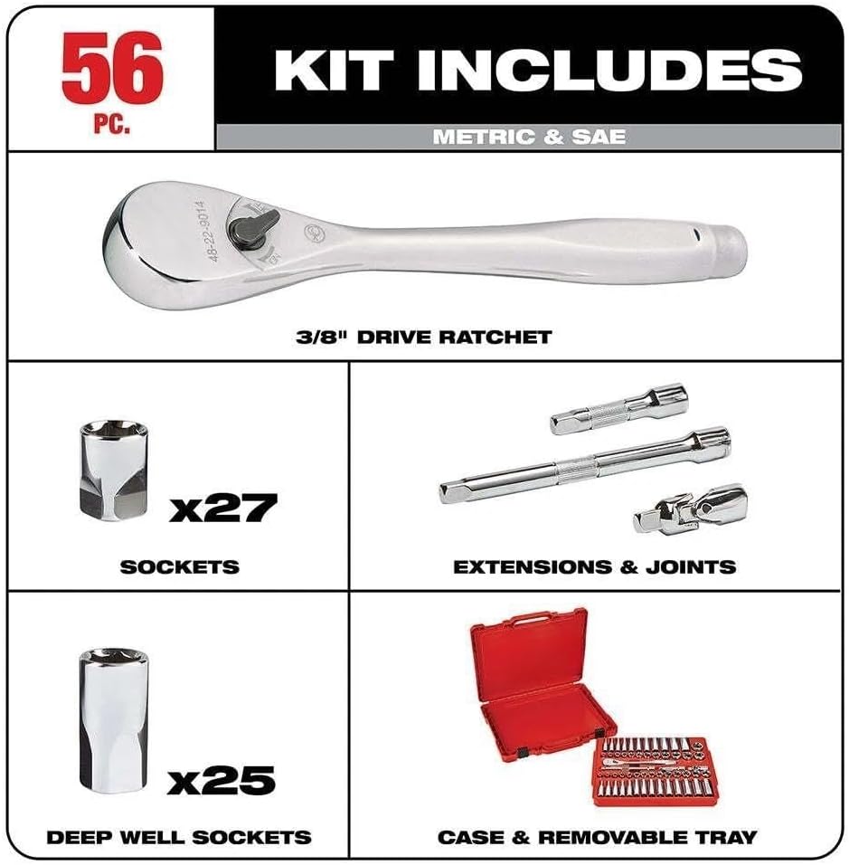56pc 48-22-9008 for Milwaukee 3/8-Inch Drive and Metric Ratchet and Socket Set