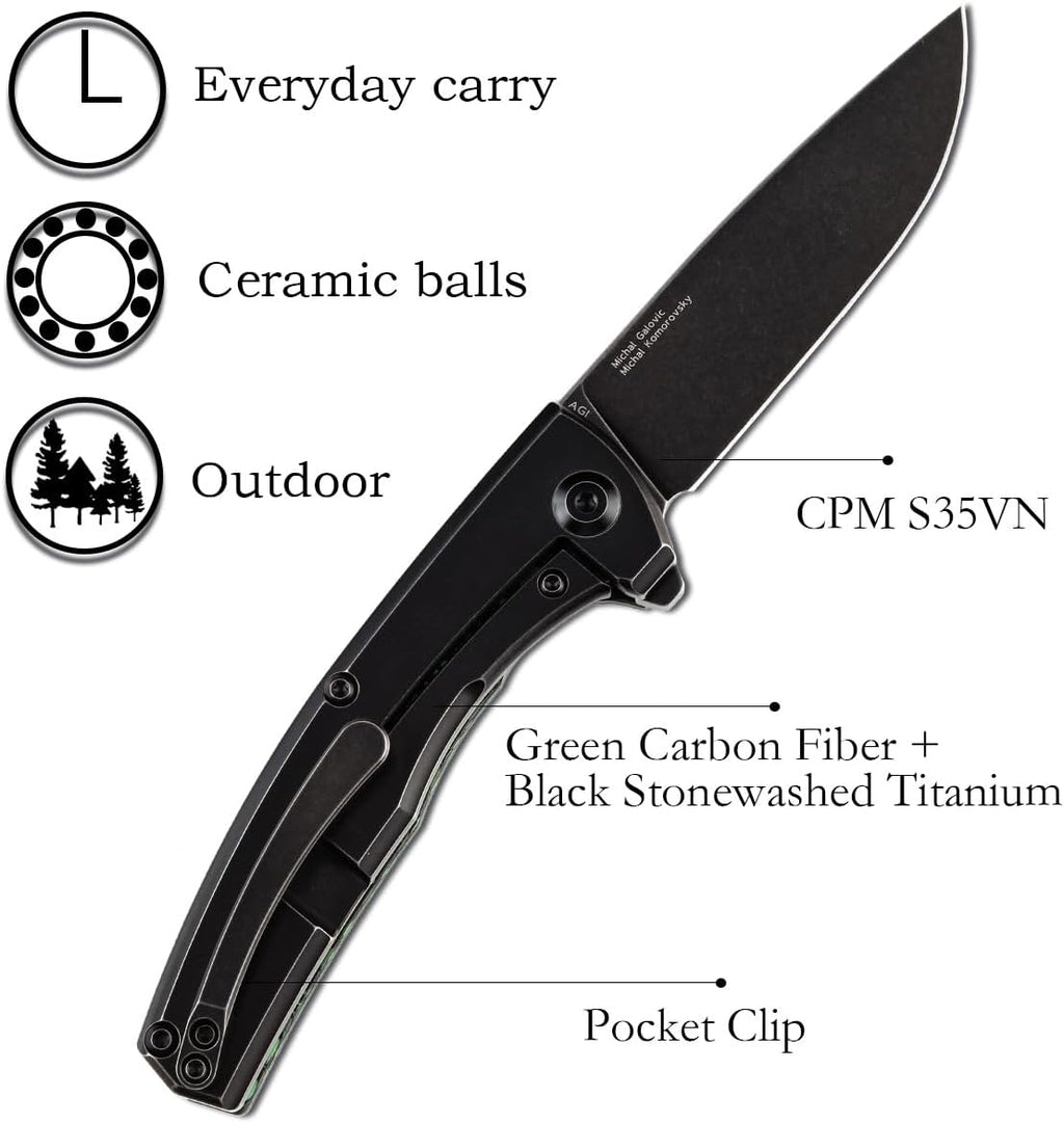 KANSEPT AGI Pocket Folding Knives EDC Camping Folding Knife 2.94''CPM S35VN Material Pocket Knife with Green Carbon Fiber + Black Stonewashed Titanium Handle Everyday Carry K2037A4