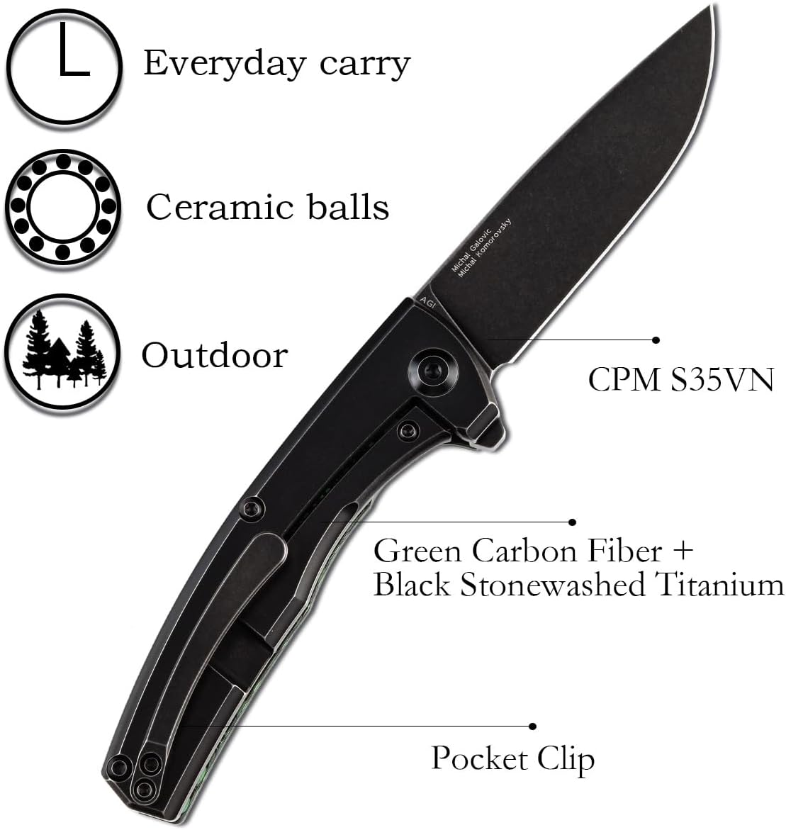 KANSEPT AGI Pocket Folding Knives EDC Camping Folding Knife 2.94''CPM S35VN Material Pocket Knife with Green Carbon Fiber + Black Stonewashed Titanium Handle Everyday Carry K2037A4