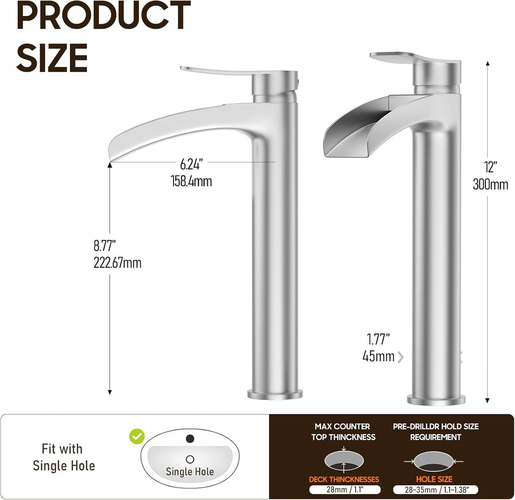 Phiestina Brushed Nickel Tall Bathroom Vessel Sink Faucet 2 Pack, Single Hole Single Handle Waterfall Above Countertop Sink Bathroom Faucet, with Pop Up Drain and Water Supply Line, NS-SF01-V-BN-2pack