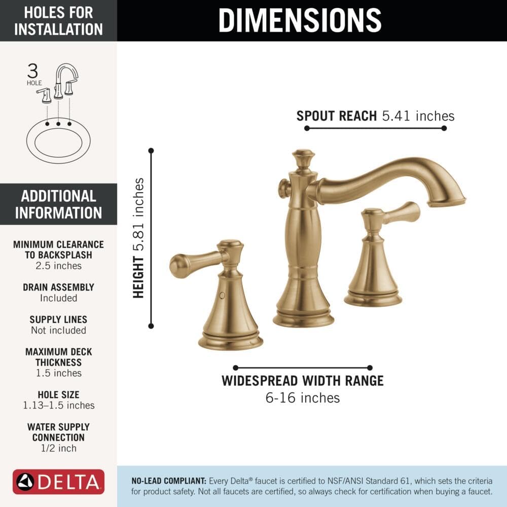 Delta Cassidy Brushed Gold Bathroom Faucet 3 Hole, 8 Inch Widespread Bathroom Sink Faucet for Vanity, Metal Push-Pop Drain Assembly, Champagne Bronze 3597LF-CZMPU