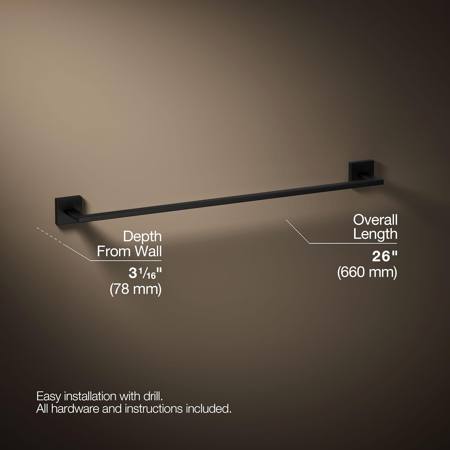 Kohler 23285-BL Square 24' Towel bar, Matte Black