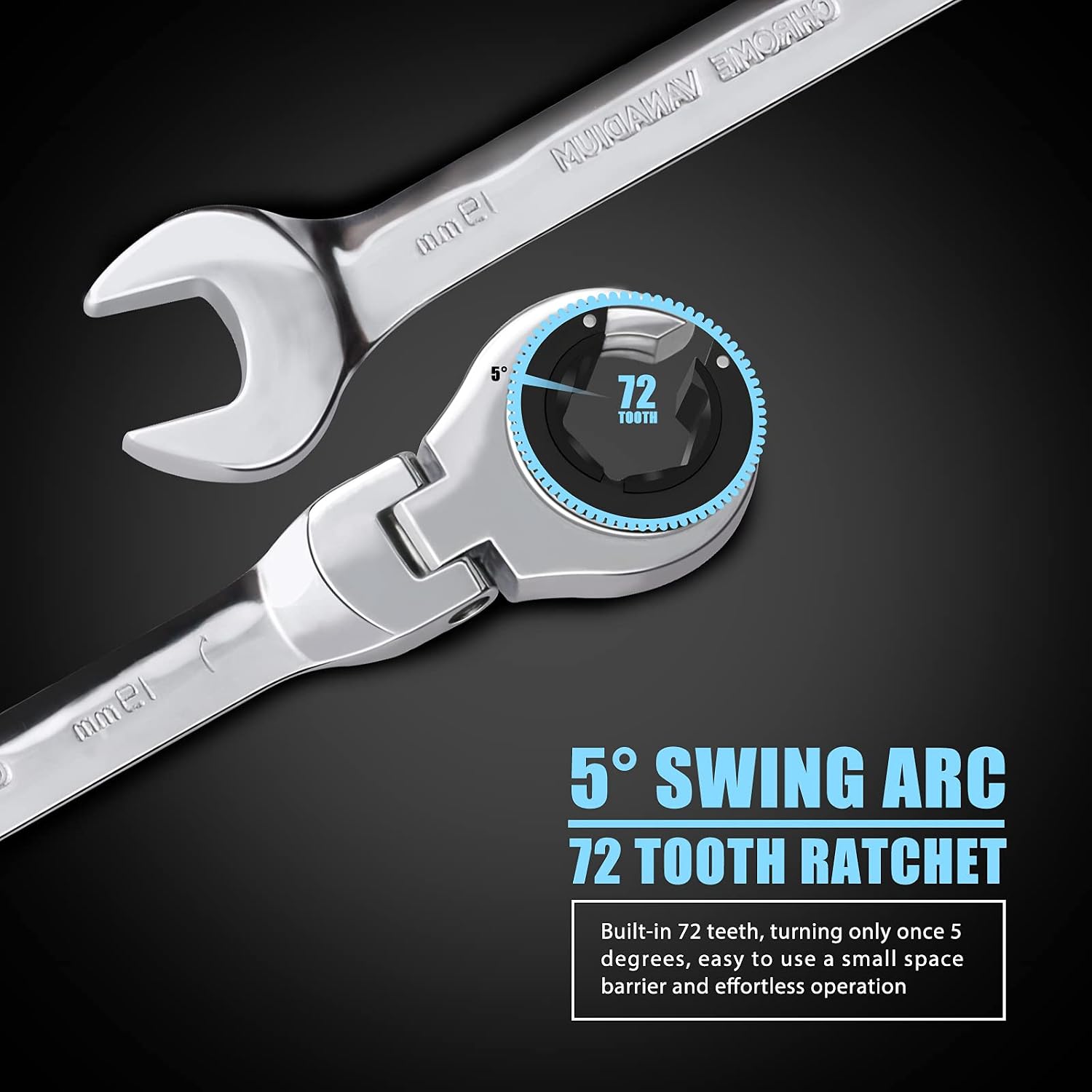 LOSCHEN Metric Open Flex-Head Ratcheting Wrench Combination 12 Pcs/set 8-19mm, Metric Spanner with 72 Teeth, Chrome Vanadium Steel Tubing Ratchet （US and European Patents）