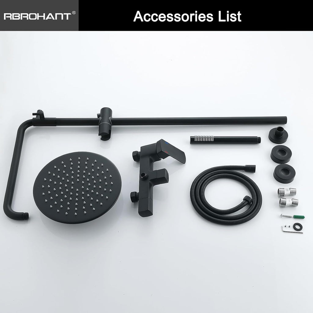 RBROHANT Exposed Shower System with Tub Spout, Matte Black Exposed Pipe Shower Faucet with 3 Functions Brass Shower Valve, Shower Height Adjustable, Wall Mounted