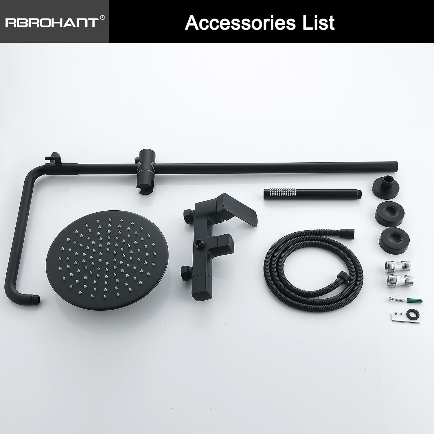 RBROHANT Exposed Shower System with Tub Spout, Matte Black Exposed Pipe Shower Faucet with 3 Functions Brass Shower Valve, Shower Height Adjustable, Wall Mounted
