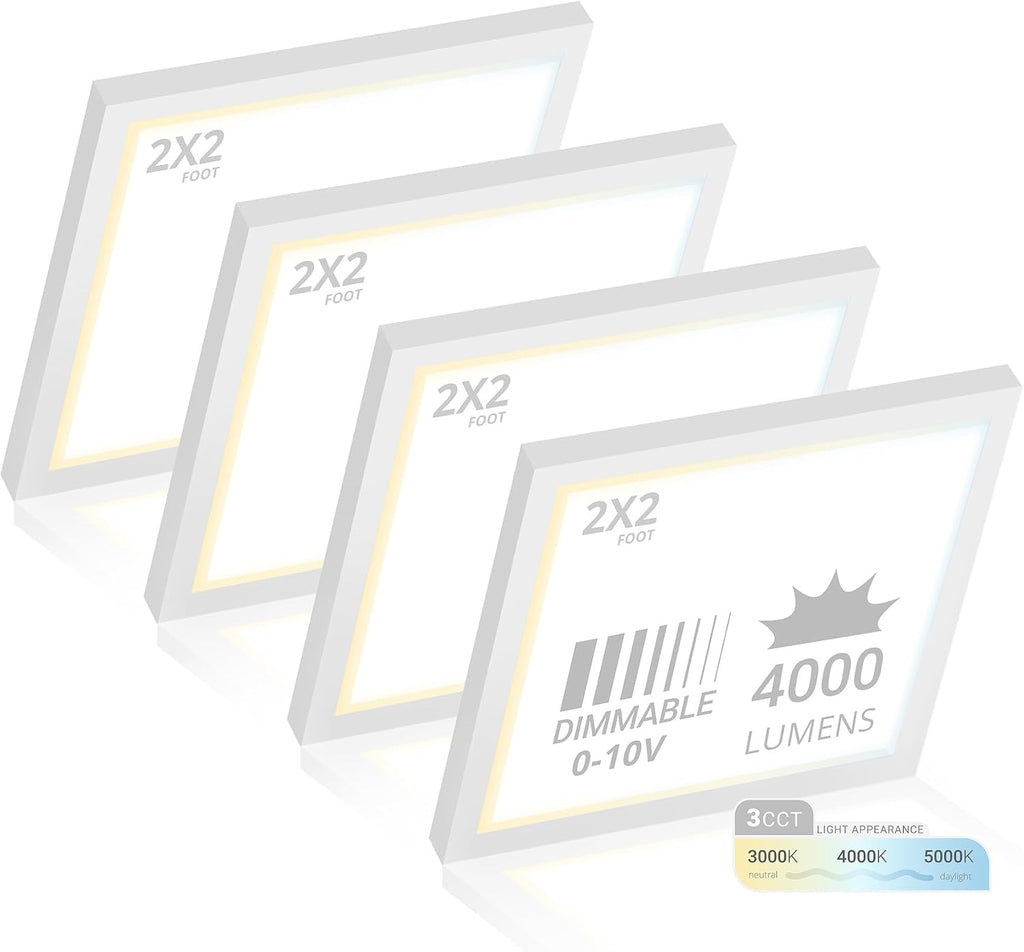 NUWATT 4 Pack, 2x2 LED Flat Panel Light, 120-277V, 3CCT 3000K/4000K/5000K Selectable, 4000LM, 40W, Internal Driver, 0-10V Dimmable, 2x2 FT Surface Mount Panel Light, 24x24 LED Ceiling Lights, 1' Thin