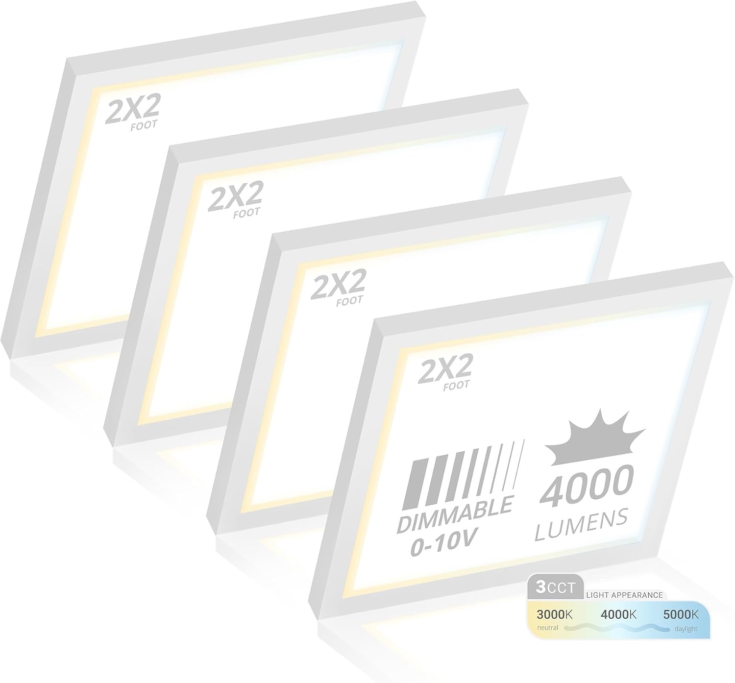 NUWATT 4 Pack, 2x2 LED Flat Panel Light, 120-277V, 3CCT 3000K/4000K/5000K Selectable, 4000LM, 40W, Internal Driver, 0-10V Dimmable, 2x2 FT Surface Mount Panel Light, 24x24 LED Ceiling Lights, 1' Thin