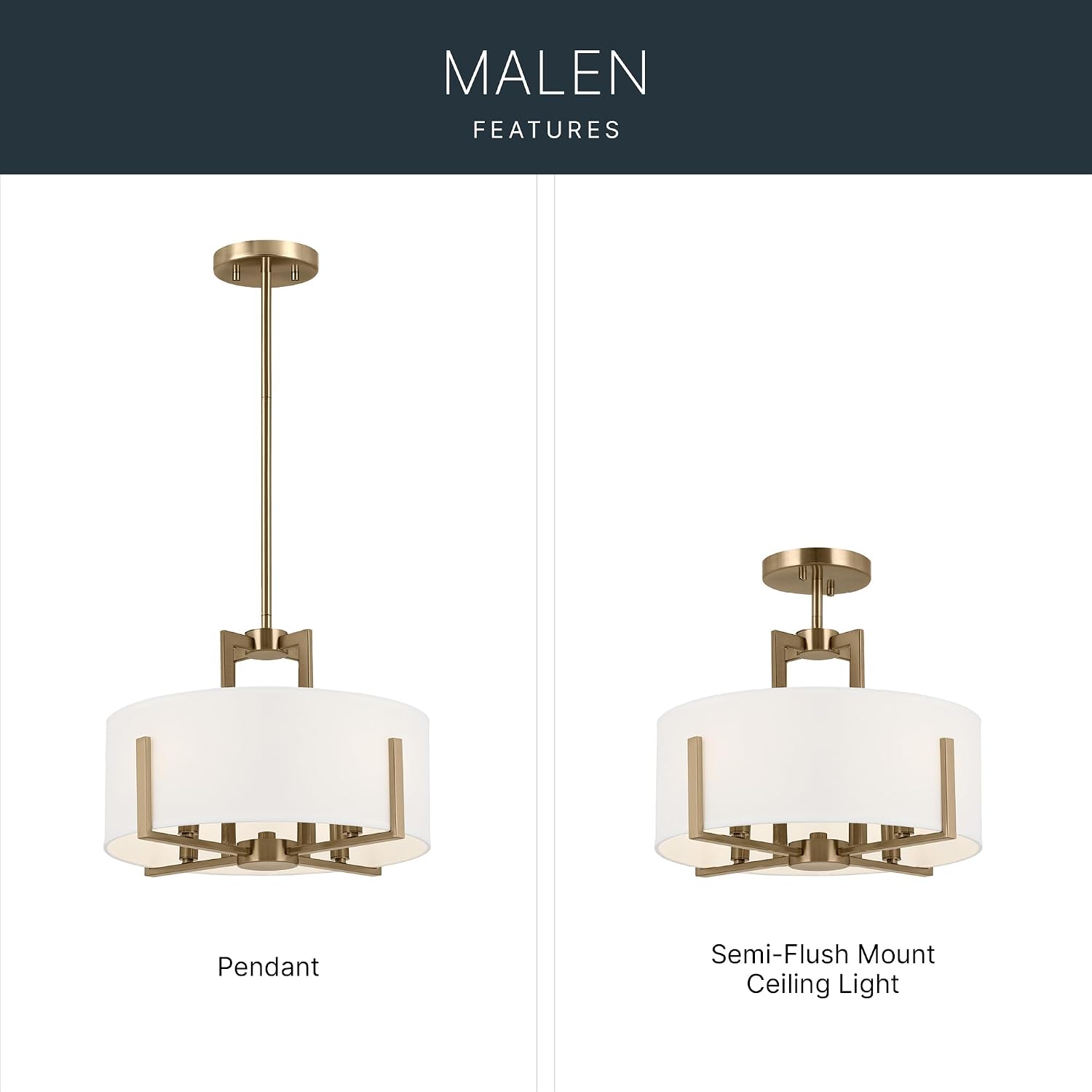 Kichler Malen 4-Light Semi Flush Mount Ceiling Light Fixture, Modern Convertible Semi-Flush or Pendant Light with Fabric Shade in Champagne Bronze, Bedroom or Hallway, (15' Dia x 14.25' H), 52591CPZ