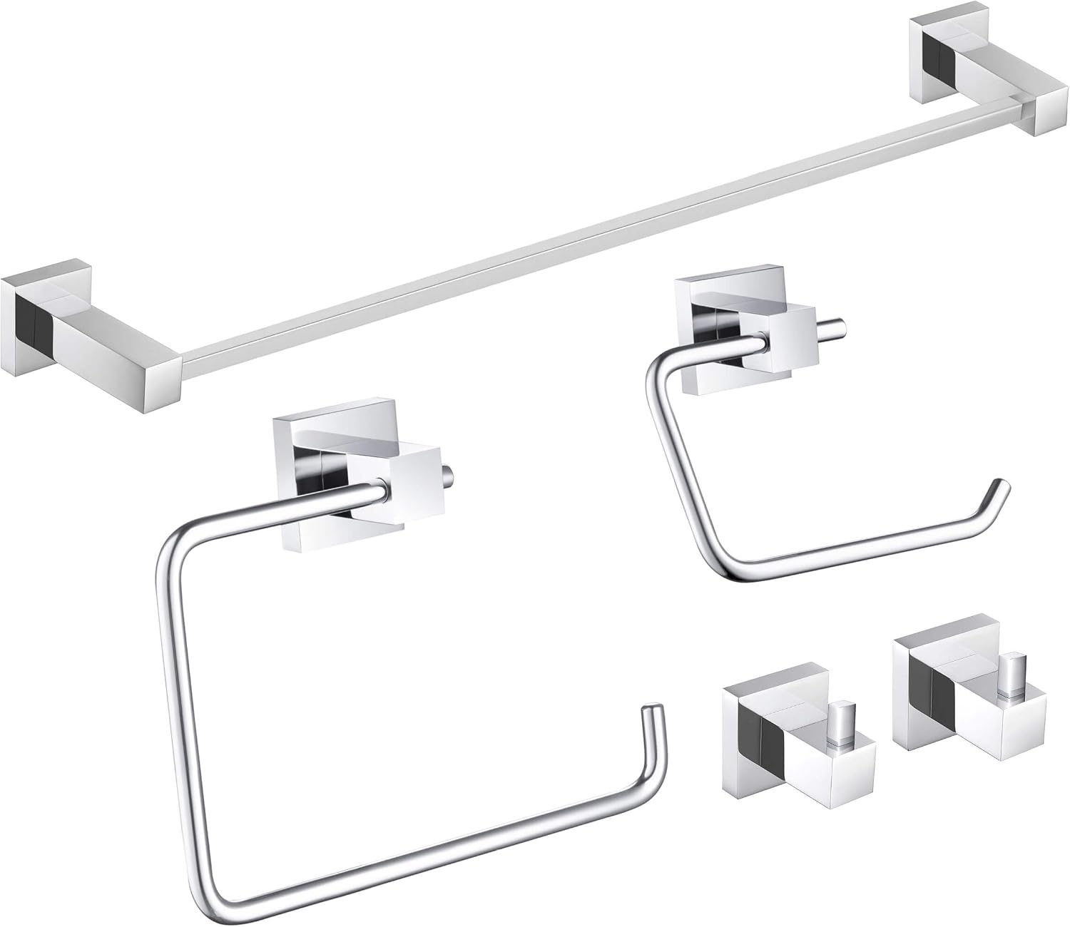 KIBI Cube Bathroom Hardware Set 5 Piece Bathroom Accessories Set | Towel Bar (24'), Towel Ring, Toilet Paper Holder, Robe Hooks (Chrome) (C-KBA15-5-2)
