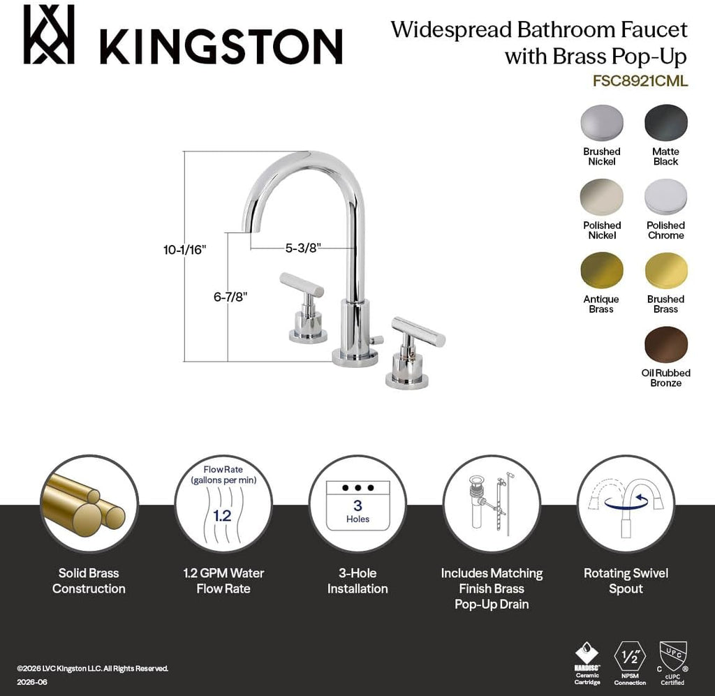 Kingston Brass FSC8920CML Manhattan Widespread Bathroom Faucet with Pop-Up Drain, Matte Black