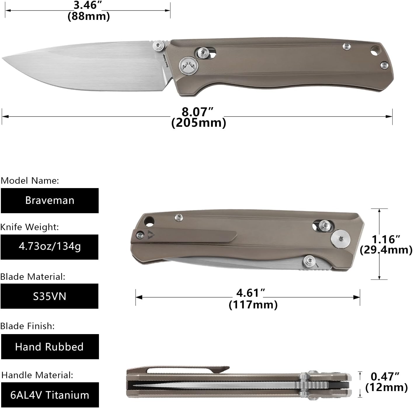 CMBMADEKNIVES CMB Braveman EDC Knife Folding Pocket knife with Clip for Men and Women Crossbar Lock Knife with S35VN Steel Blade Titanium Handle for Outdoors Camping Hiking-CMB-17 (CMB-17G)