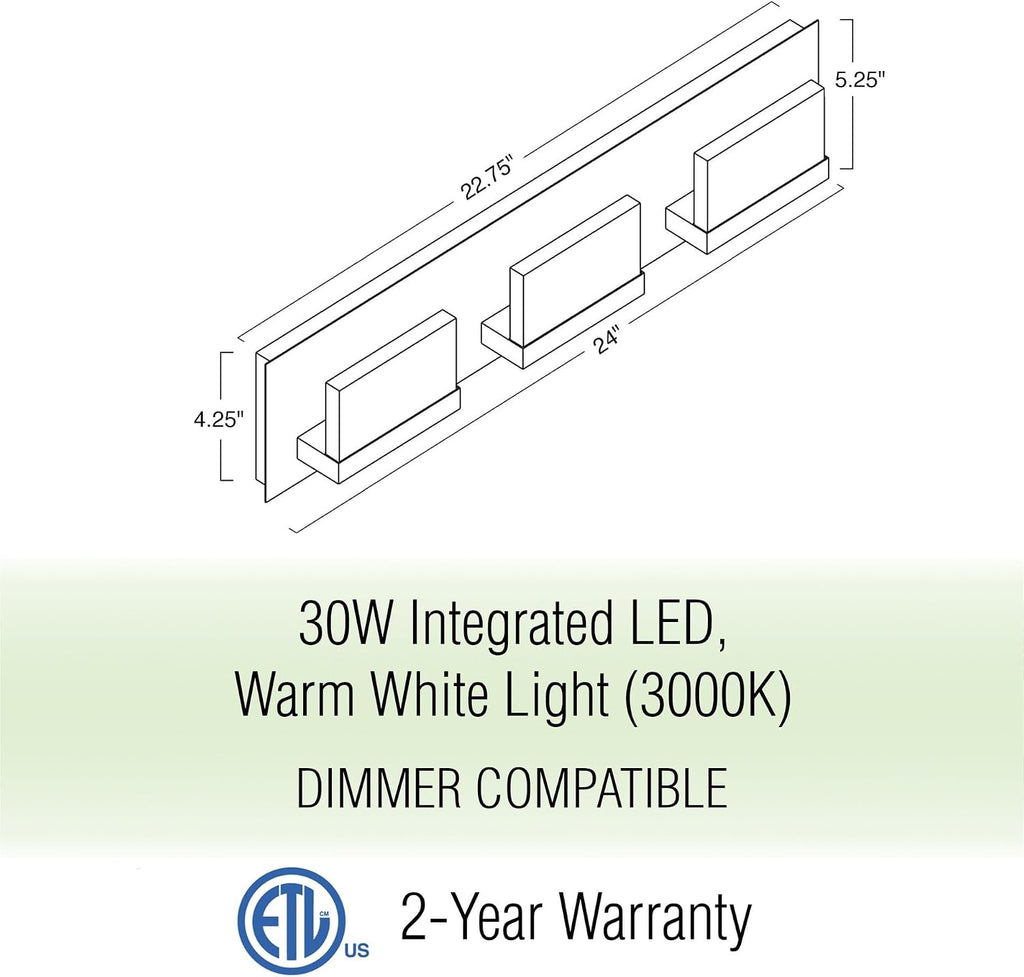 Kira Home Everett 24' Modern 3-Light Integrated LED Vanity Light, 30W 3000K Warm White Light, Minimalist Bathroom Wall Sconce with Frosted Acrylic Blocks, Oil Rubbed Bronze Finish