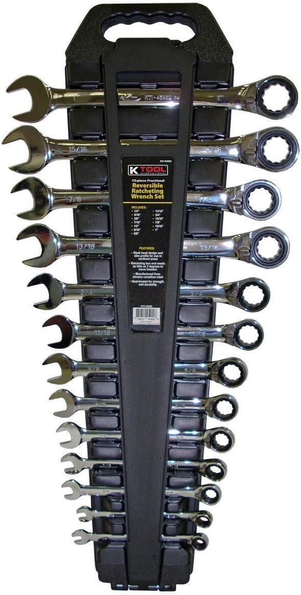 K Tool International 45900 SAE Reversible Ratcheting Wrench Set for Garages, Repair Shops and DIY, 1/4' to 1', Offset-head Design, 6 and 12-point Nuts, Laser-Engraved, Metal Construction, 13 Piece