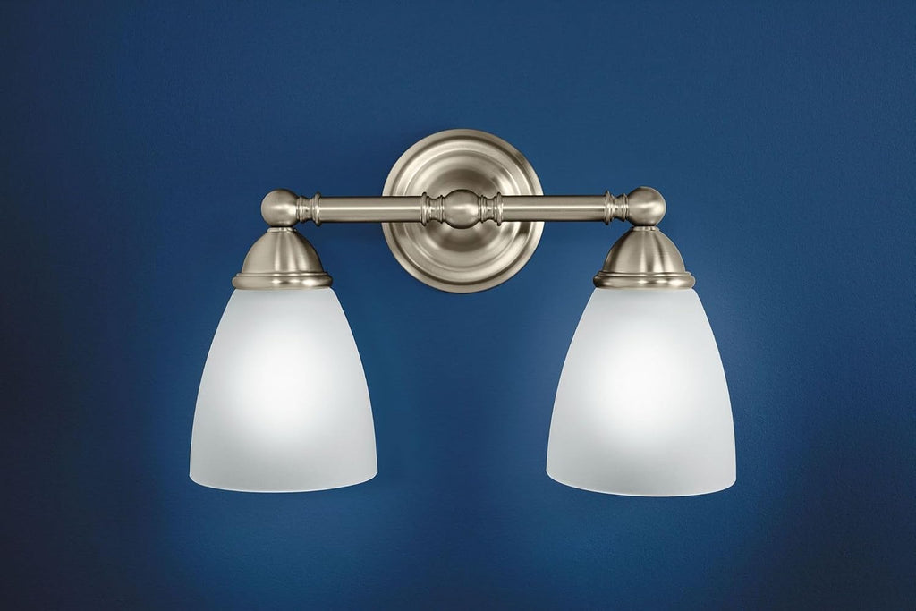 Moen Brushed Nickel Brantford 2-Light Dual-Mount Bath Bathroom Vanity Fixture with Frosted Glass, YB2262BN