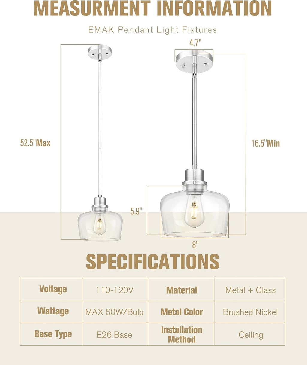 Emak 8 Inch Clear Glass Pendant Lights Kitchen Island, 2 Pack Brushed Nickel Pendant Light Fixtures, Modern Island Lights for Kitchen, Dining Room, Bar, PL122-BN-CG-2PK
