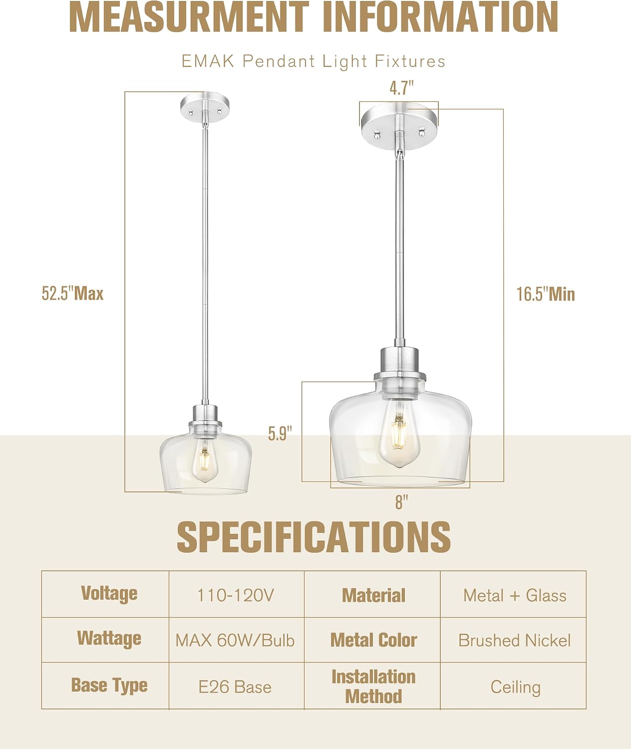 Emak 8 Inch Clear Glass Pendant Lights Kitchen Island, 2 Pack Brushed Nickel Pendant Light Fixtures, Modern Island Lights for Kitchen, Dining Room, Bar, PL122-BN-CG-2PK