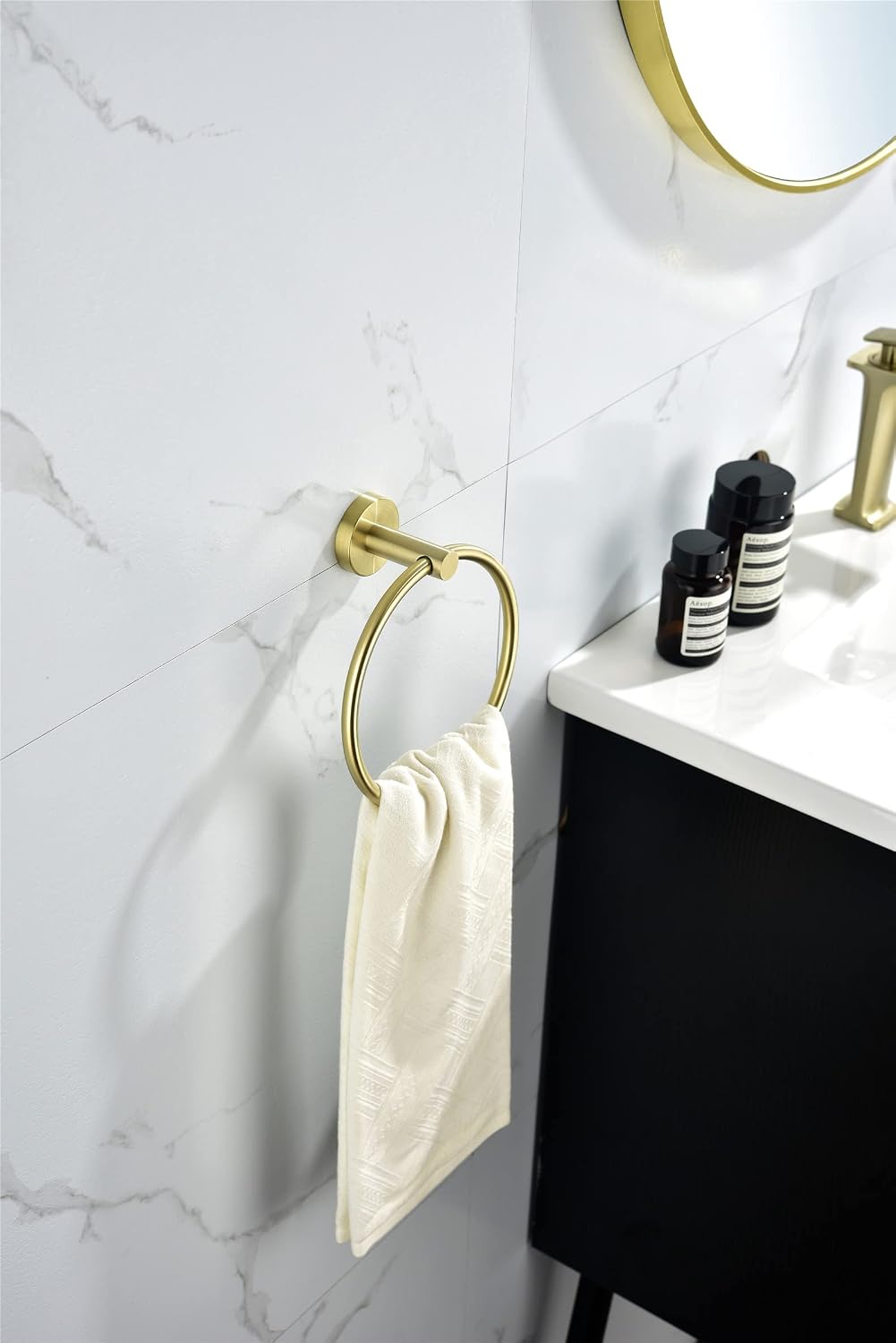 6-Pieces Bathroom Hardware Set SUS304 Stainless Steel Round Wall Mounted Includes Hand Towel Bar,Toilet Paper Holder,Robe Towel Hooks,Bathroom Accessories Kit On-Site (Gold)