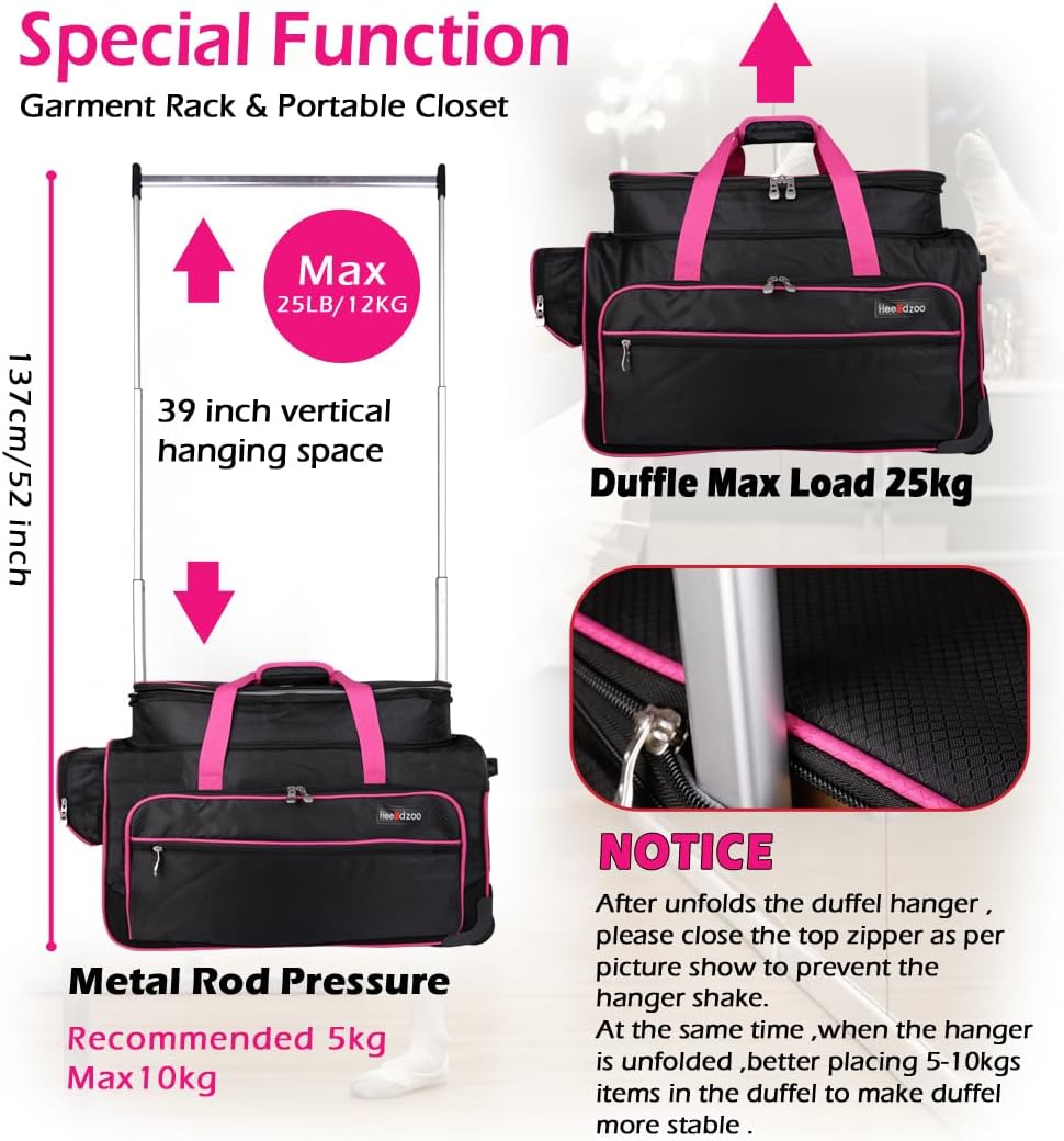 Dance Bag with Garment Rack,23inch Dance Competition Garment Bags with Clothes Rack,Suitcase,Rolling Duffle for Travel, Wheeled Drop-Bottom Upright Luggage Closet Suitcase(Expand-Purple