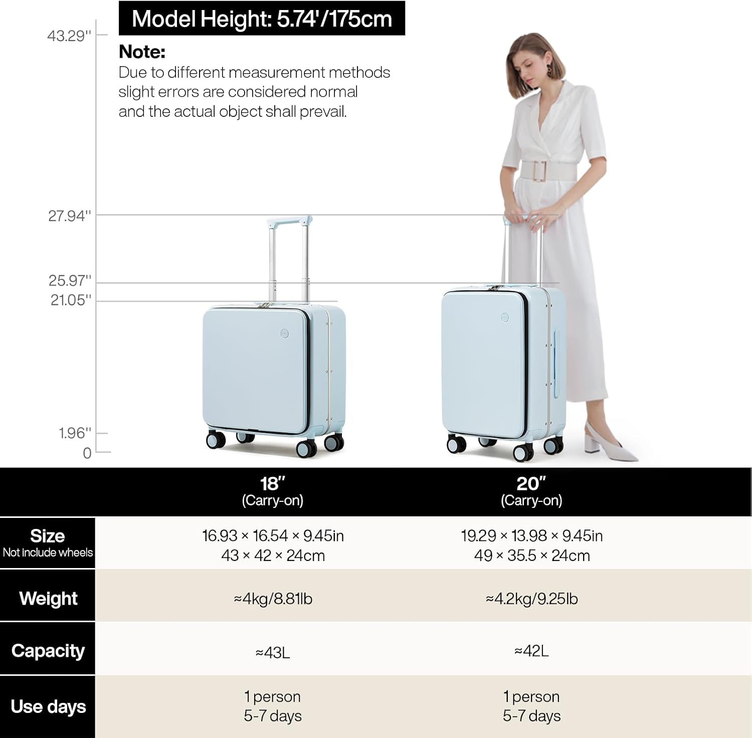 mixi Carry On Luggage, 18' Suitcase with Front Pocket, Travel Luggage Aluminum Frame PC Hardside with Spinner Wheels & TSA Lock and Cover (Not for Underseat), Glacier Blue