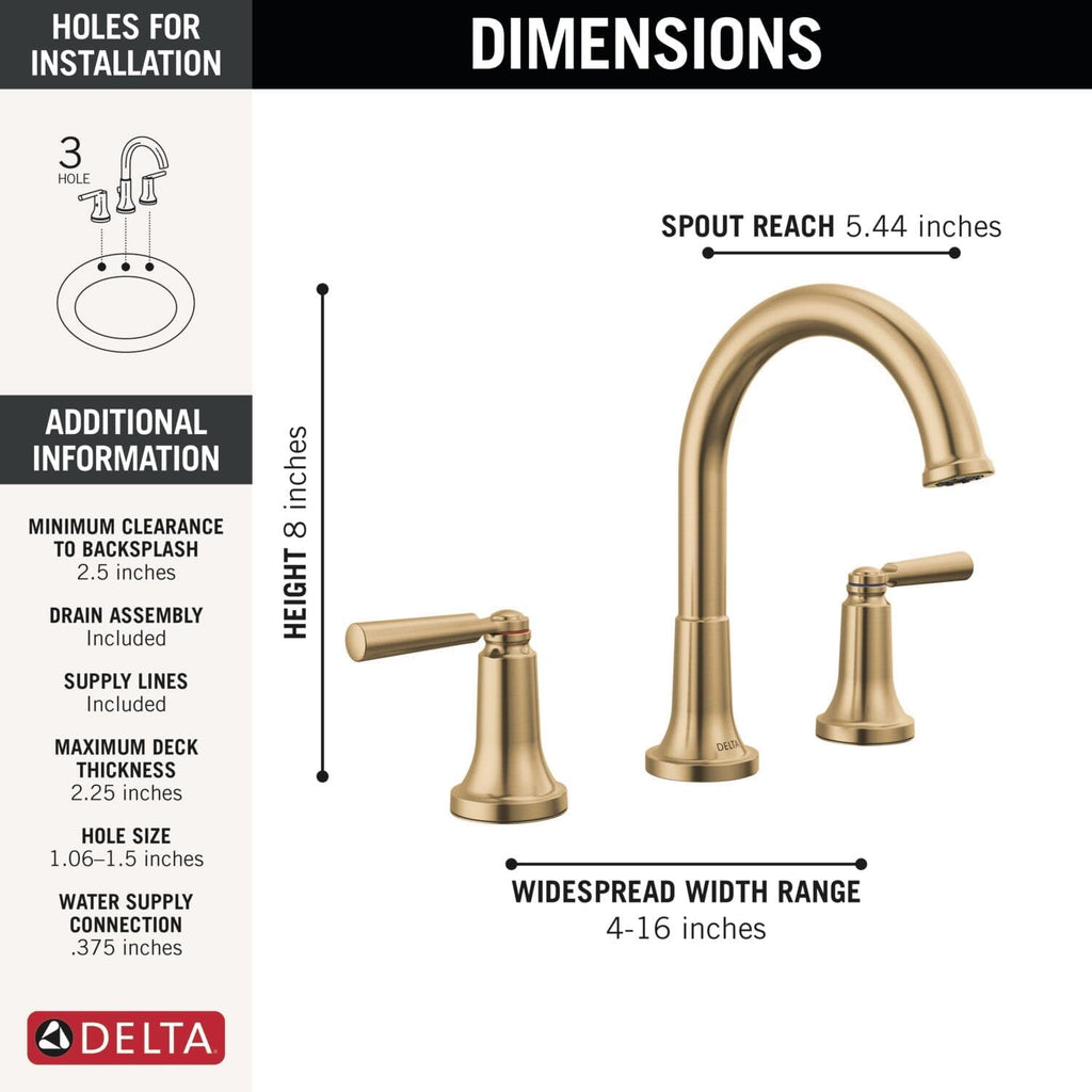 Delta Saylor Brushed Gold Bathroom Faucet 3 Hole, 8 Inch Widespread Bathroom Sink Faucet for Vanity, Metal Push-Pop Drain Assembly, Champagne Bronze 3535-CZMPU-DST