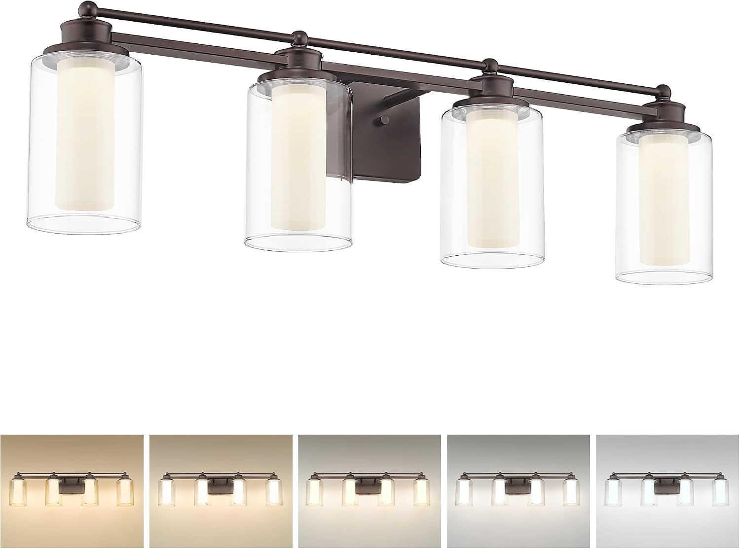 Bathroom Light Fixtures 4 Lights, HWH Oil Rubbed Bronze Bathroom Vanity Light Over Mirror with Clear Glass, 5CCT Dimmable 24W LED Vanity Lights, 5HLT63B-4W-LED ORB