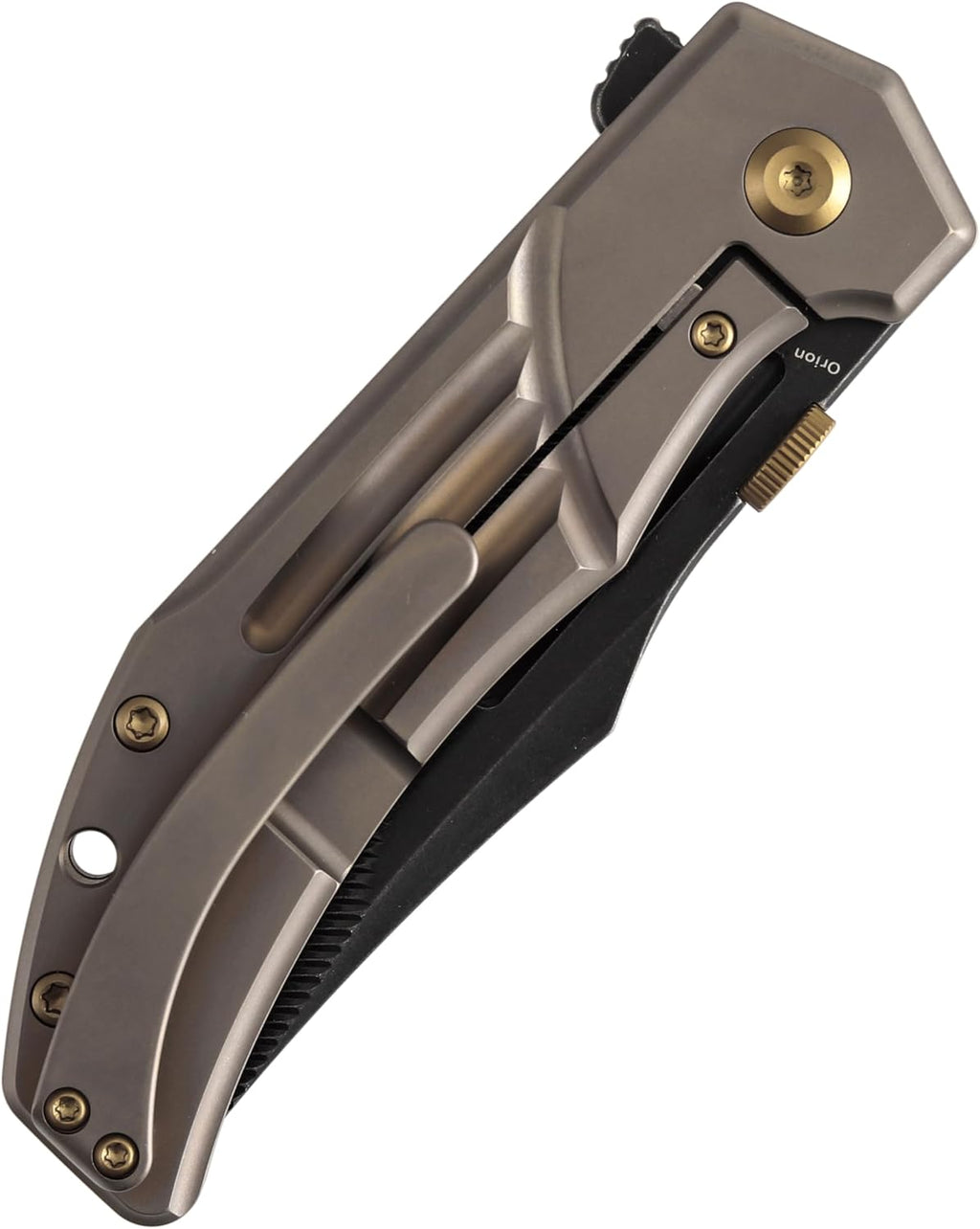 KANSEPT Orion Pocket Knife, 3.07' Blackwash S35VN Blade with Blood Groove and Bronze Anodized Titanium Handle Both Crafted with CNC Milling, Thumb Disk EDC Folding Knives for Camping, Hunting K1089A5