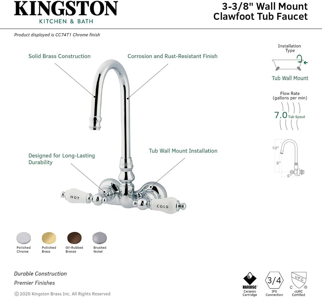 Kingston Brass CC74T1 Vintage Leg Tub Filler, Porcelain Lever Handle, Polished Chrome,8-Inch Adjustable Center