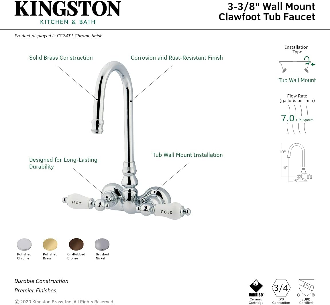 Kingston Brass CC73T8 Vintage Leg Tub Filler, Brushed Nickel, 8-Inch Adjustable Center