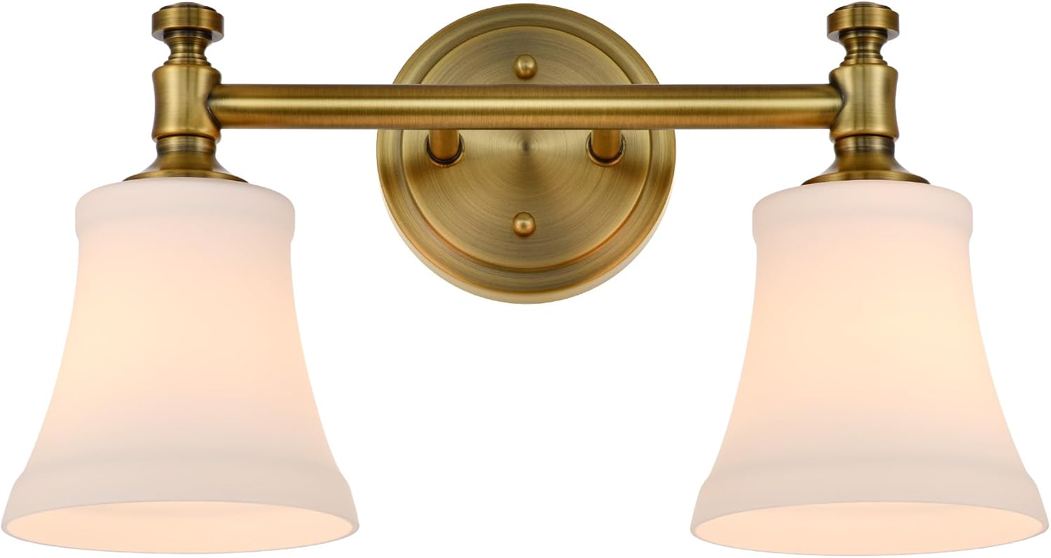 Champagne Bronze Bathroom Vanity Light Fixtures, Traditional Gold 2 Lights Wall Sconce Lighting with Large Opal Glass Shade, Porch Wall Mount Light Fixture for Bathroom, Mirror Cabinets Hallway Stairs