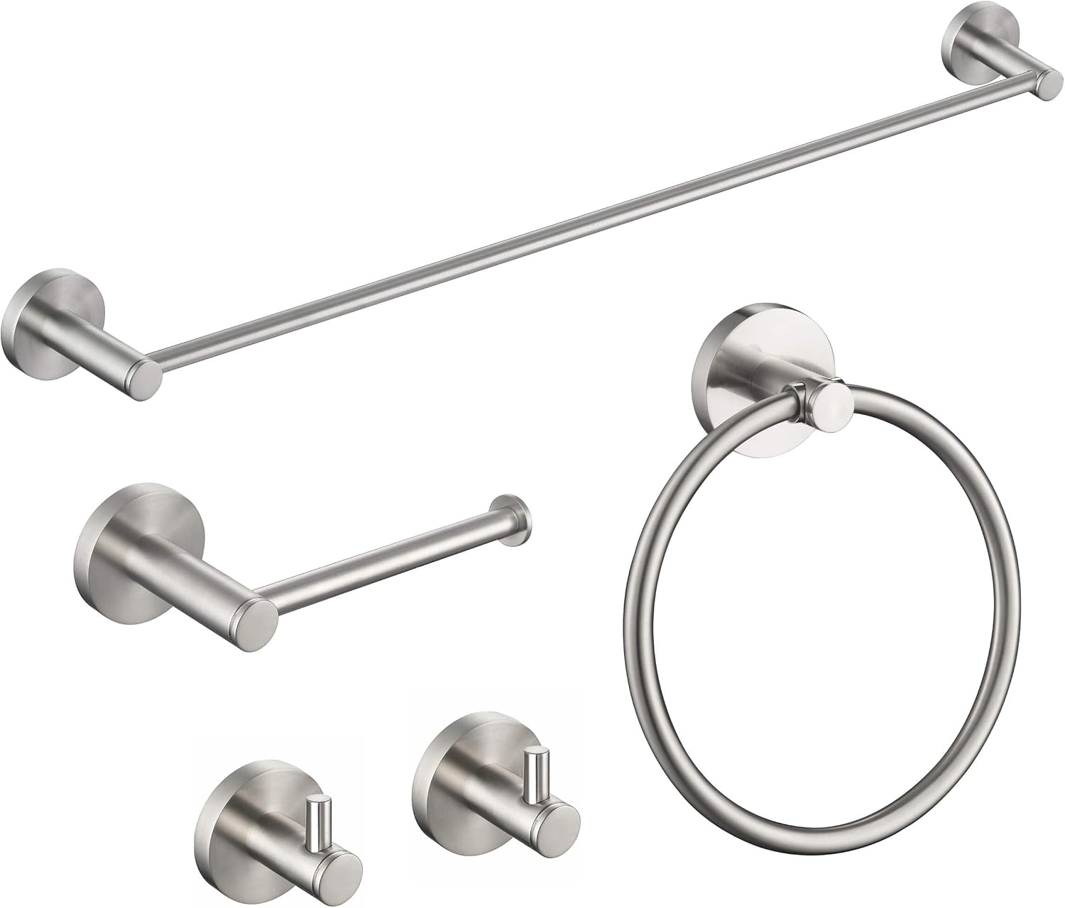 KIBI Circular 5-Piece Bathroom Hardware Set – 24 Inch Towel Bar, Towel Ring, Toilet Paper Holder & 2 Robe Hooks – Wall Mounted Solid Brass Bathroom Accessories – Brushed Nickel