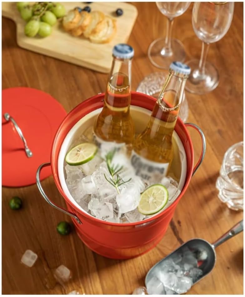 Ice Bucket, 3.5 Liter Double Wall Ice Bucket Insulated Ice Buckets with Lid and Scoop Thickened metal Ice Buckets , Party Beverage Tub for Home Kitchen Parties Cocktail Bar Ice Buckets For Parties(Red