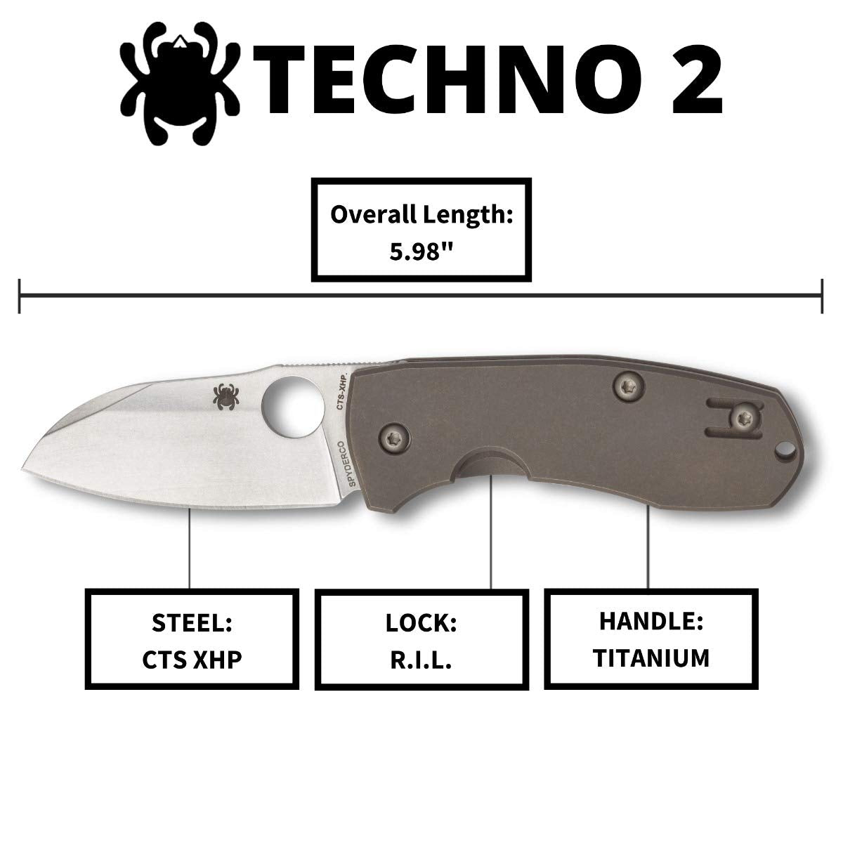 Spyderco Techno 2 Folding Pocket Knife, PlainEdge | 5.98' Overall Length, 2.5' CTS XHP Steel Blade, Titanium Handle, R.I.L Lock, Saber Grind