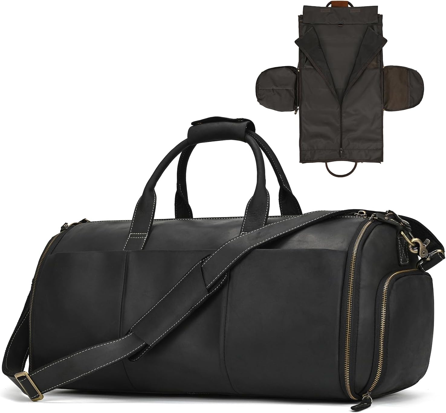 LUUFAN Full-grain Leather Garment Bag Large Capacity Travel Bag Business Suit Carrier Bag with Shoe Compartment, Overnight Gym Sports Duffel Bags for Men Women, Black