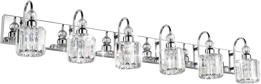 Ralbay 6-Lights Stainless Steel Crystal Bathroom Vanity Lights Over Long Mirror Modern Crystal Vanity Lighting Fixtures for Bathroom