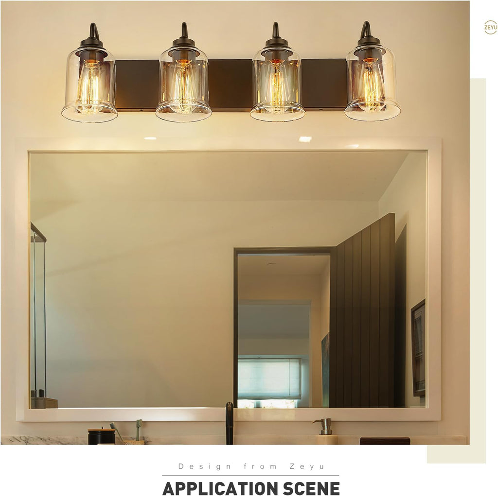 zeyu 28.5' Oil Rubbed Bronze Bathroom Light Fixtures, 4-Light Farmhouse Vanity Wall Lights with Clear Glass Shade, ZSL72B-4W ORB