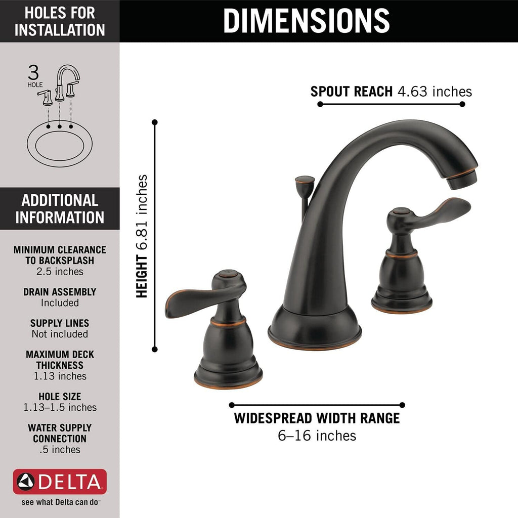 Delta Windemere Oil Rubbed Bronze Bathroom Faucet 3 Hole, 8 Inch Widespread Bathroom Sink Faucet for Vanity, Metal Push-Pop Drain Assembly, Oil Rubbed Bronze B3596LF-OB