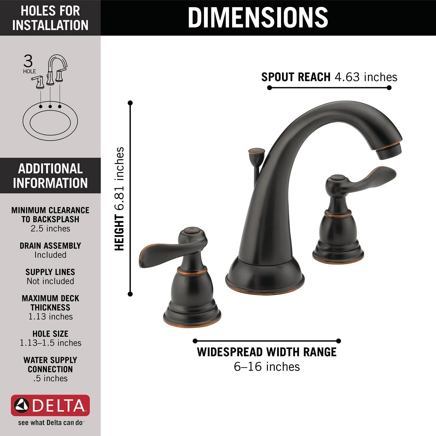Delta Windemere Oil Rubbed Bronze Bathroom Faucet 3 Hole, 8 Inch Widespread Bathroom Sink Faucet for Vanity, Metal Push-Pop Drain Assembly, Oil Rubbed Bronze B3596LF-OB