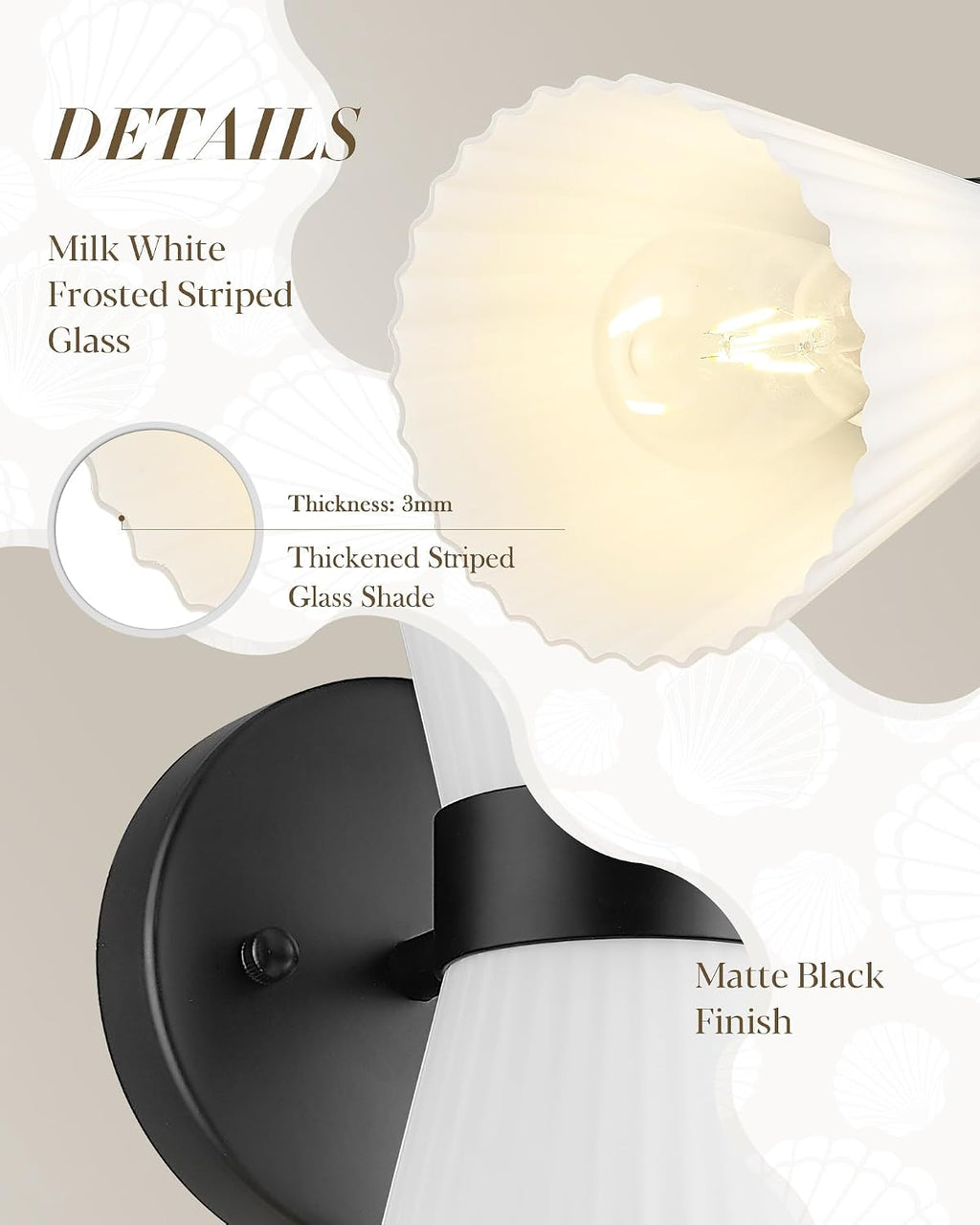 Black Wall Sconces Set of Two, HWH Modern Wall Light Fixtures Indoor Wall Lamp Up and Down, Matte Black Finish with Frosted Milk White Striped Glass Shade, 5HZG97B-2W-2PK BK