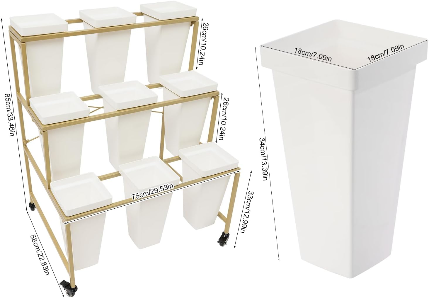 Flower Display Stand with 9Pcs White Square Buckets, 3 Layers Gold Metal Plant Holder with Wheels, Moving Florist Bouquet Shelf for Fresh Flower Shop, for Patio Garden, Outdoor Flower Pop-Up Events