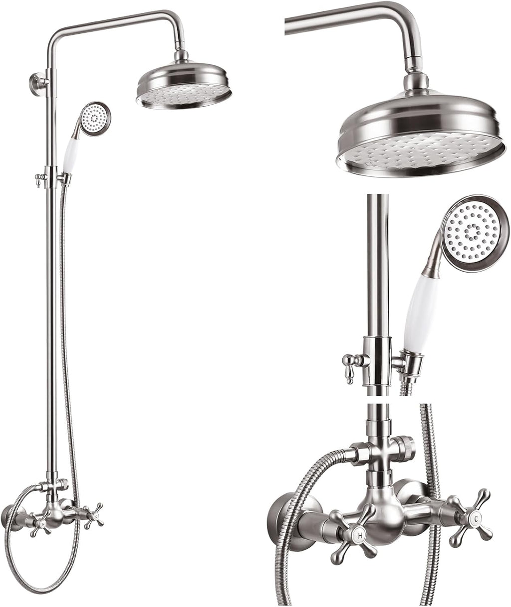gotonovo Luxury Exposed Shower Faucet Set Bathroom Shower System 8 Inch Wall Mount Rainfall Shower Head with Handheld Spray Cross Double Handle Shower Fixture Adjustable Straight Rod Brushed Nickel
