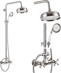 gotonovo Luxury Exposed Shower Faucet Set Bathroom Shower System 8 Inch Wall Mount Rainfall Shower Head with Handheld Spray Cross Double Handle Shower Fixture Adjustable Straight Rod Brushed Nickel