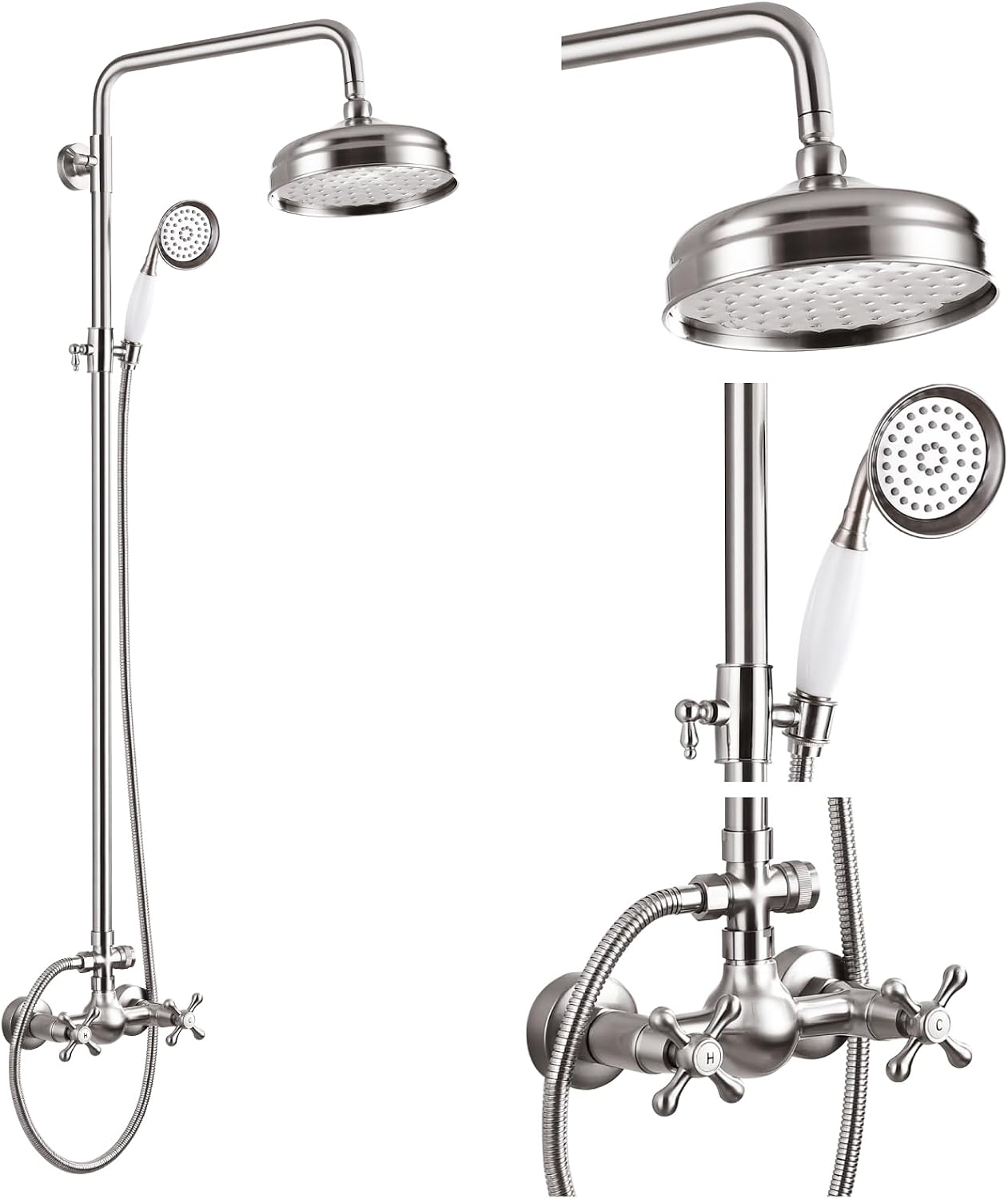 gotonovo Luxury Exposed Shower Faucet Set Bathroom Shower System 8 Inch Wall Mount Rainfall Shower Head with Handheld Spray Cross Double Handle Shower Fixture Adjustable Straight Rod Brushed Nickel