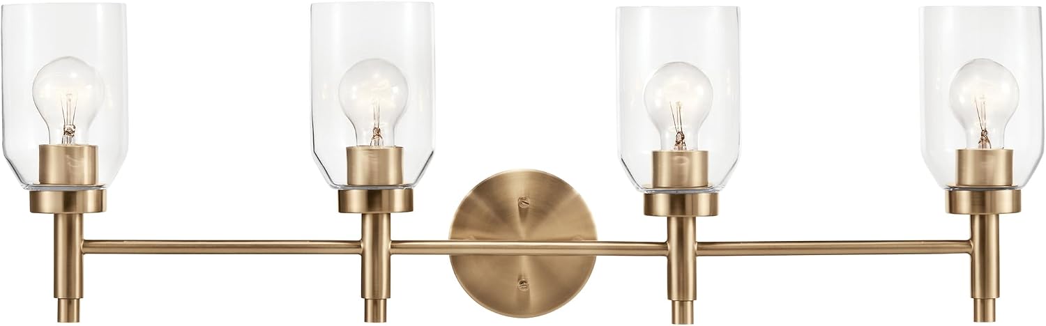 Kichler Madden 4-Light Bathroom Vanity Light Fixture with Clear Glass Shades in Champagne Bronze, Modern Wall Mount for Single or Double Vanity Over Mirror (10.5' x 34'), 55186CPZ